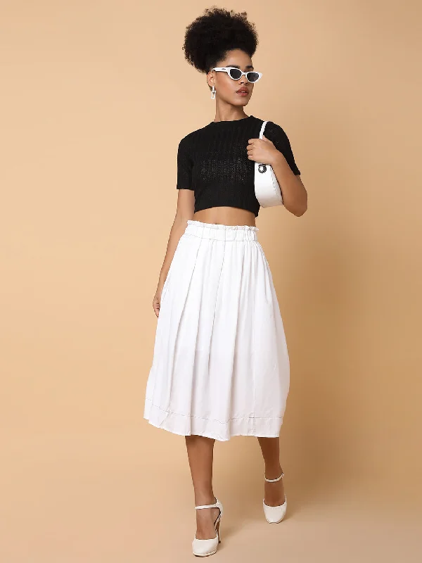 Women Solid White Flared Midi Skirt-328-White chiffon skirt floaty