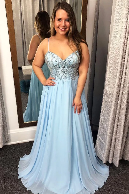 A Line Sky Blue Chiffon Prom Dress, Beaded Evening Party Dresses DMJ55 Shift Classic Vintage A Line Sky Blue Chiffon Prom Dress, Beaded Evening Party Dresses DMJ55 Shift Classic Vintage