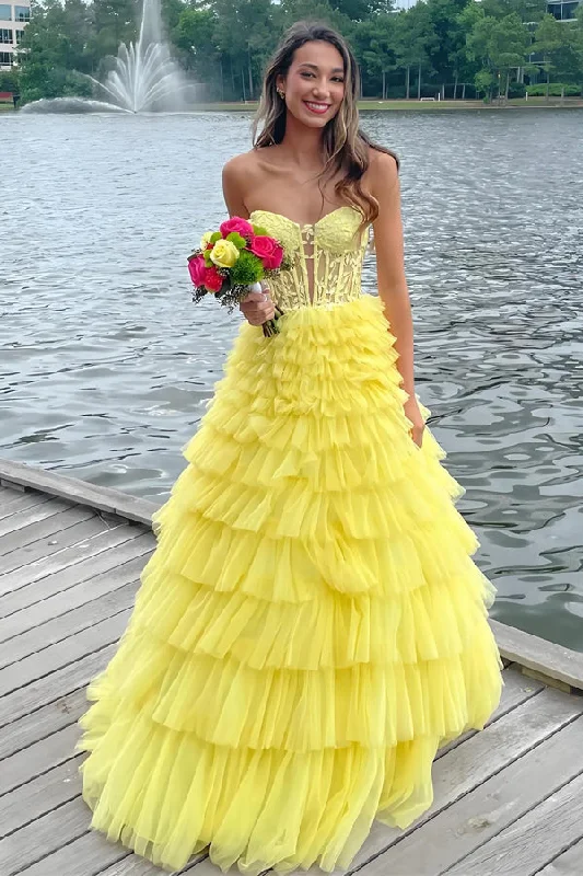 A-line Strapless Layered Yellow Long Prom Dress Party Dress PSK621 Tunics Stylish modern A-line Strapless Layered Yellow Long Prom Dress Party Dress PSK621 Tunics Stylish modern