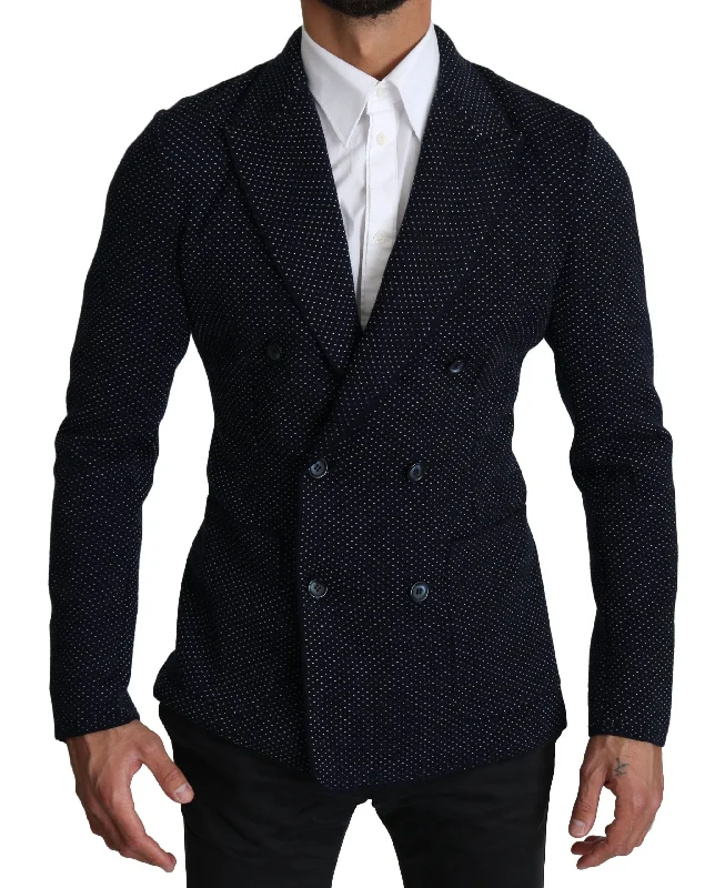 Elegant Dark Blue Dotted Slim-fit Blazer Cotton Blend Blazer