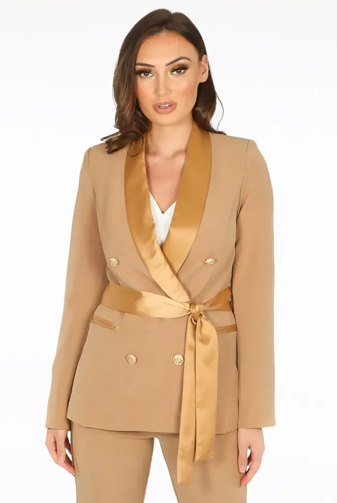 Tailored Belted Blazer With Satin Lapel Women's Warm Suit