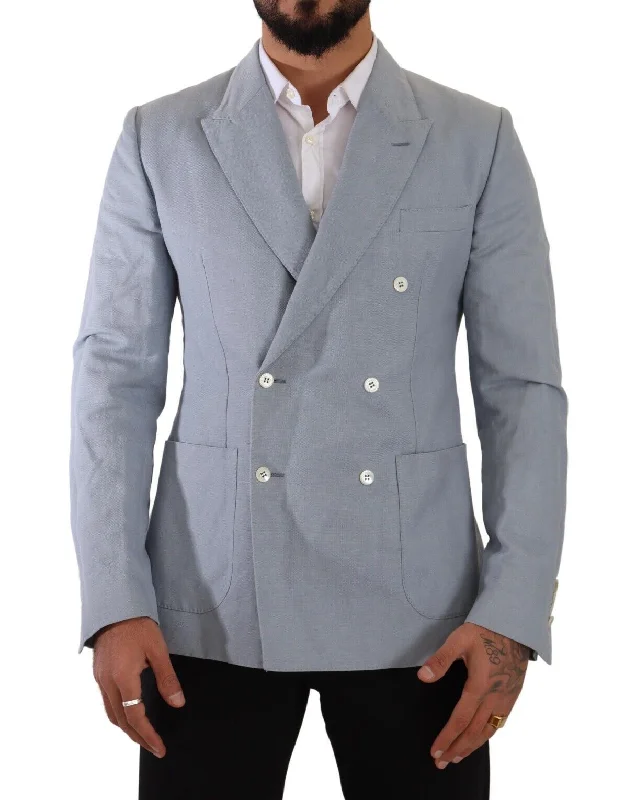 Elegant Slim Fit Light Blue Double Breasted Blazer Women's Luxurious Jacket