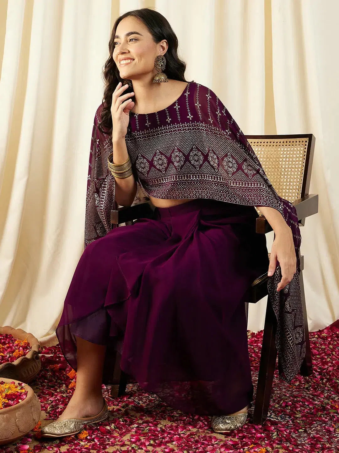 Cape Top with Draped Skirt in Purple Color silk skirt elegant