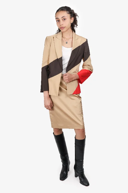 Iceberg Khaki/Brown/Red Striped Blazer With Midi Skirt Set Size 42 Slimming Women's Blazer Iceberg Khaki/Brown/Red Striped Blazer With Midi Skirt Set Size 42 Slimming Women's Blazer