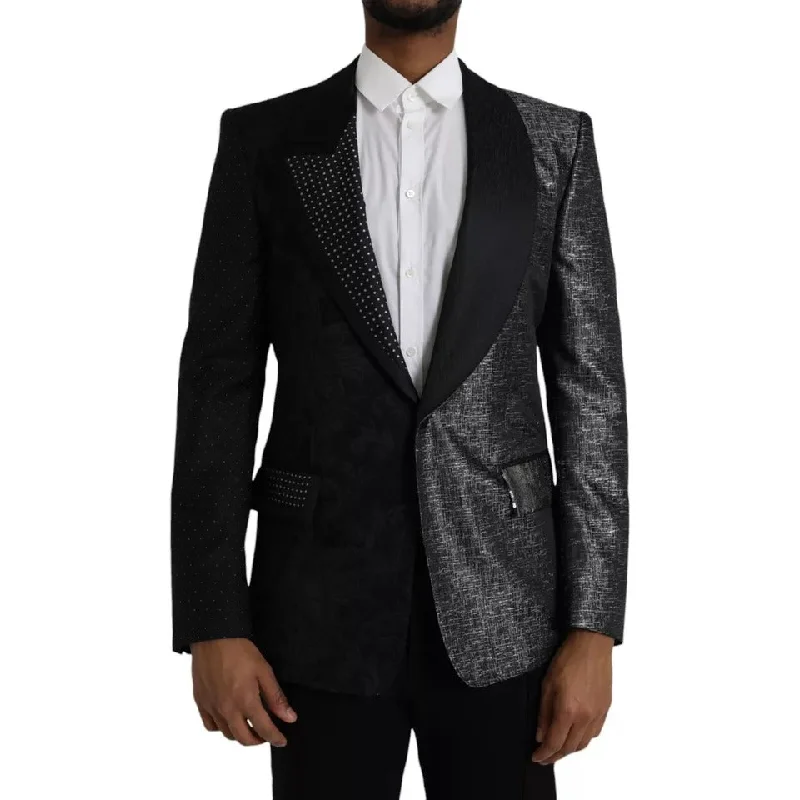 Black Silver Silk Single Breasted Coat Blazer Women's Leather Blazer