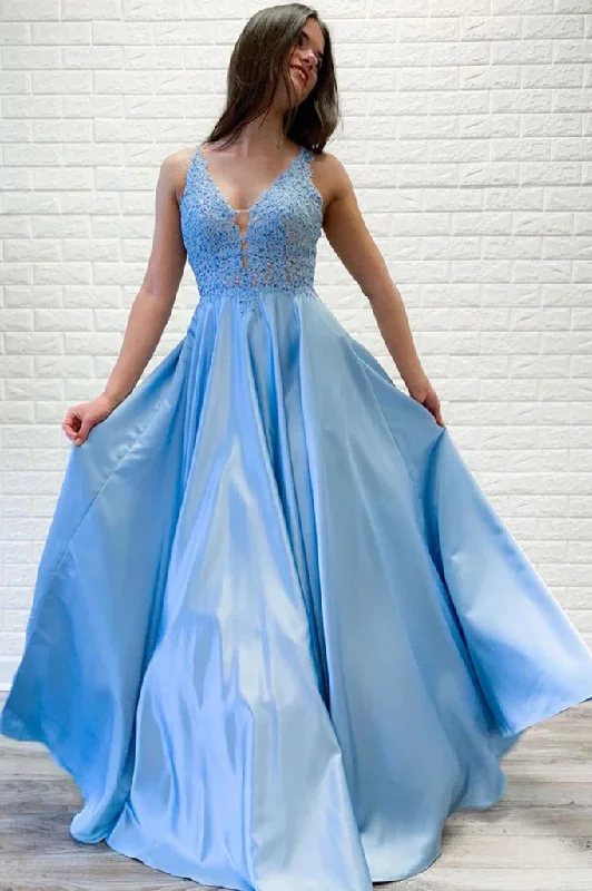 A-line V-neck Lace Appliques Long Satin Prom Dress Blue Evening Party Dress OKR67 Tunics Handmade artisanal A-line V-neck Lace Appliques Long Satin Prom Dress Blue Evening Party Dress OKR67 Tunics Handmade artisanal