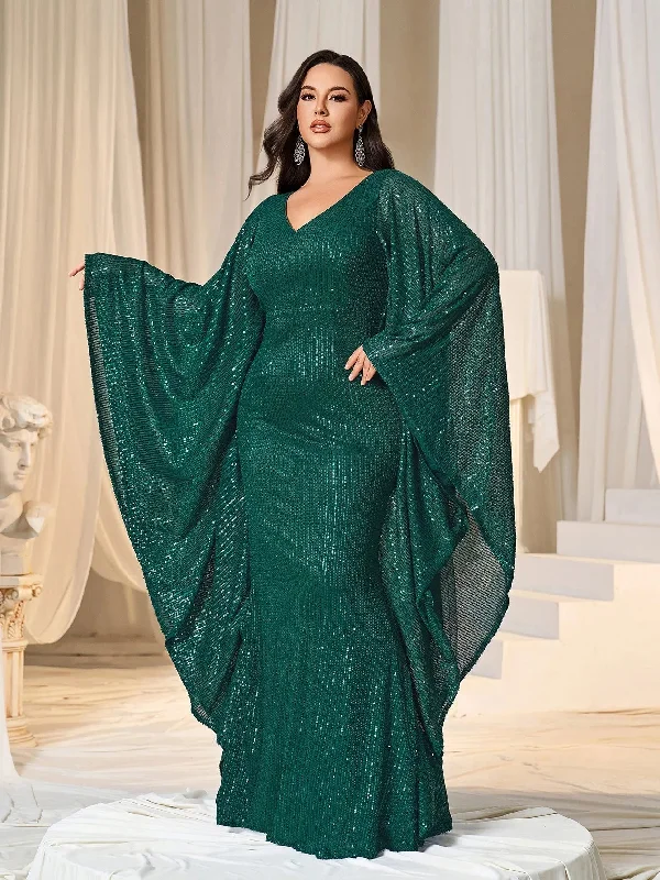 Plus Plunging Neck Batwing Sleeves Mermaid Hem Sequin Formal Party Dress Tunics Brand named Plus Plunging Neck Batwing Sleeves Mermaid Hem Sequin Formal Party Dress Tunics Brand named