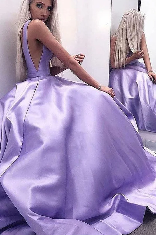 A-Line V-Neck Backless Sweep Train Lilac Satin Prom Gown Party Dress PSK114 Tunics Print Colorful A-Line V-Neck Backless Sweep Train Lilac Satin Prom Gown Party Dress PSK114 Tunics Print Colorful