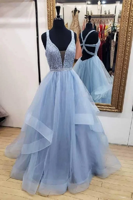 A-line Blue Long Prom Dresses Deep V Neck Tulle Party Dresses PG900 Tunics Sale discount A-line Blue Long Prom Dresses Deep V Neck Tulle Party Dresses PG900 Tunics Sale discount