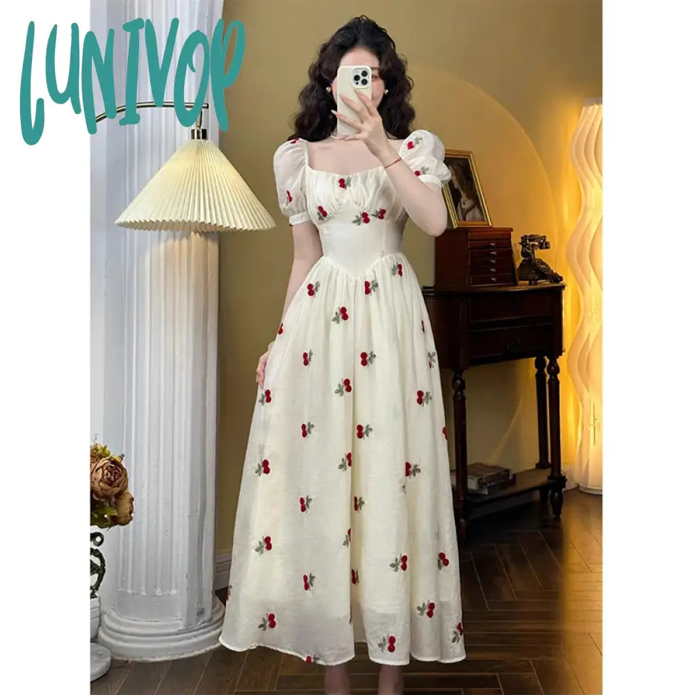 Lunivop Square Collar Sweet Cherry Embroidery Puff Short Sleeve Party Dress 2024 Summer Women Elegant Princess A-line Dress Tunics Timeless classic Lunivop Square Collar Sweet Cherry Embroidery Puff Short Sleeve Party Dress 2024 Summer Women Elegant Princess A-line Dress Tunics Timeless classic