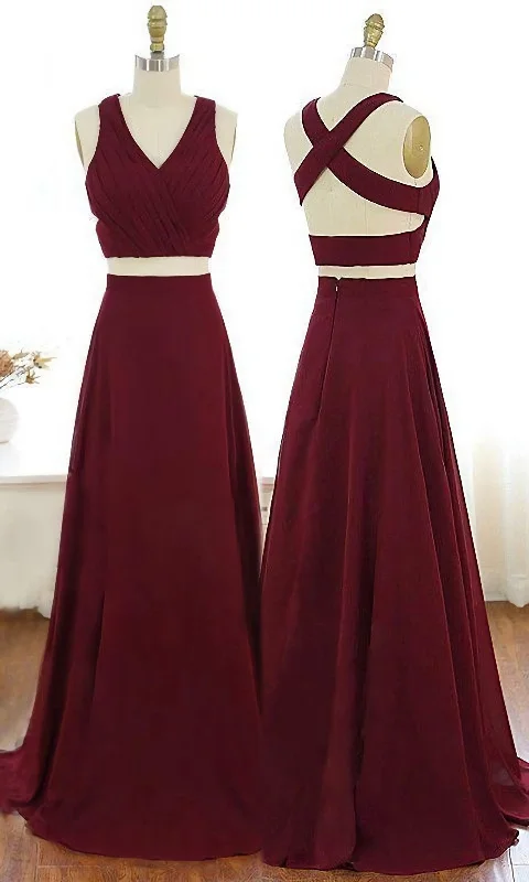 V Neck Burgundy Party Dress, Criss Cross Straps Chiffon Two Piece Prom Dress Tunics Vintage classic V Neck Burgundy Party Dress, Criss Cross Straps Chiffon Two Piece Prom Dress Tunics Vintage classic