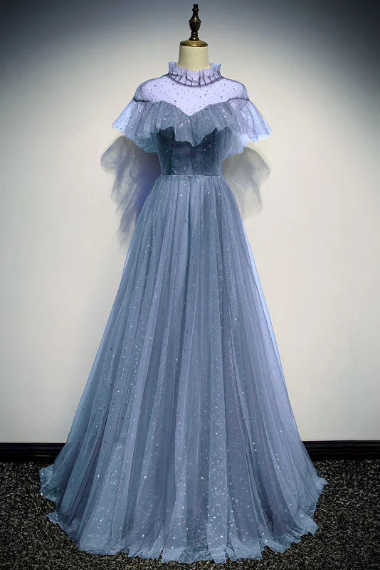 A Line High Neck Tulle Short Sleeves Prom Dress Long Evening Party Dress OKQ73 Tunics Versatile functional A Line High Neck Tulle Short Sleeves Prom Dress Long Evening Party Dress OKQ73 Tunics Versatile functional
