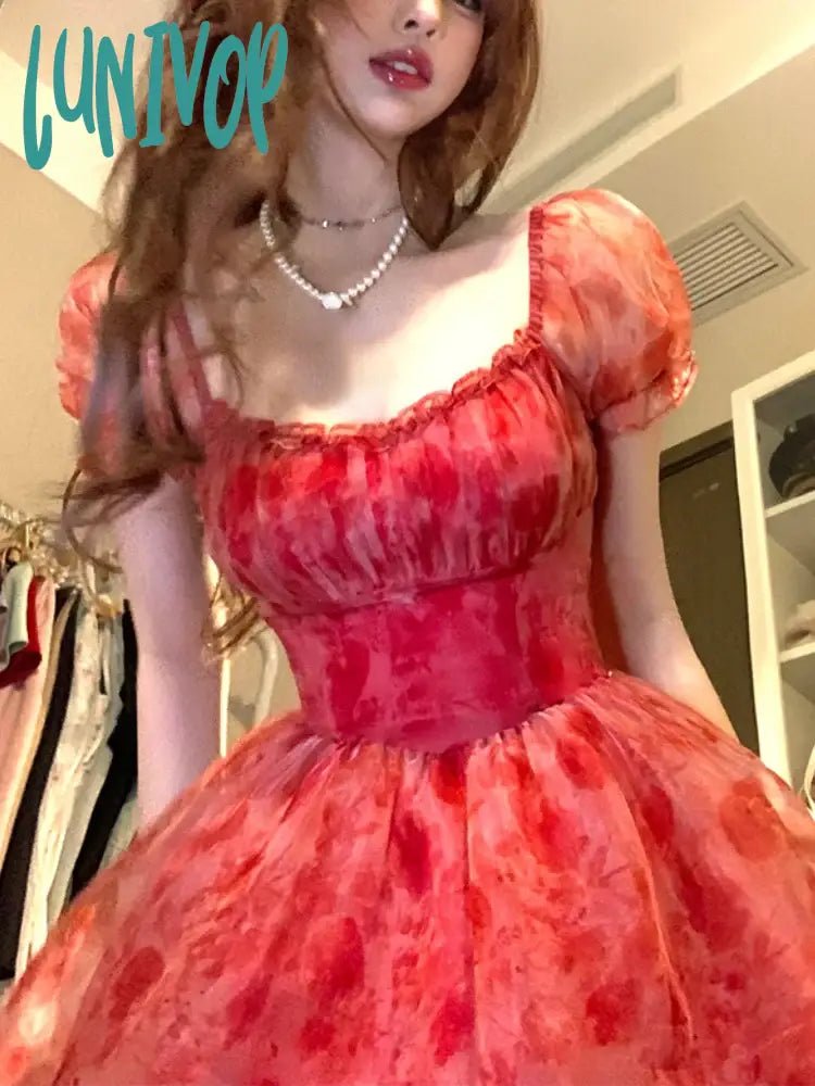 Lunivop Sweet Floral Fairy Short Party Dress Female Elegant French Red Y2k Mini Dress Summer Kawaii Clothing Lolita Dress Lace Chic Tunics Cozy comfortable Lunivop Sweet Floral Fairy Short Party Dress Female Elegant French Red Y2k Mini Dress Summer Kawaii Clothing Lolita Dress Lace Chic Tunics Cozy comfortable
