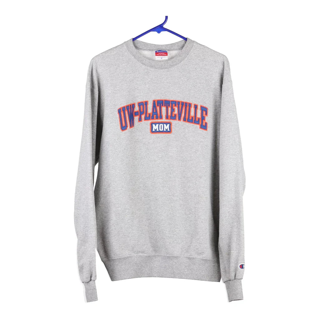 UW-Platteville Mom Champion College Sweatshirt - Medium Grey Cotton Blend Hoodie with Hem Detail Decorative Unique UW-Platteville Mom Champion College Sweatshirt - Medium Grey Cotton Blend Hoodie with Hem Detail Decorative Unique