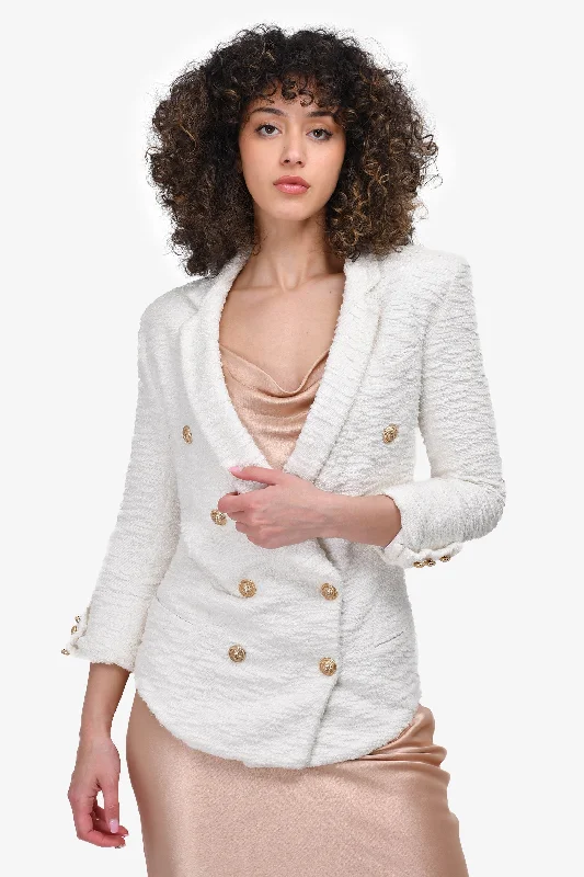 Balmain White Tweed Padded Shoulder Blazer Size 36 Women's Leather Blazer