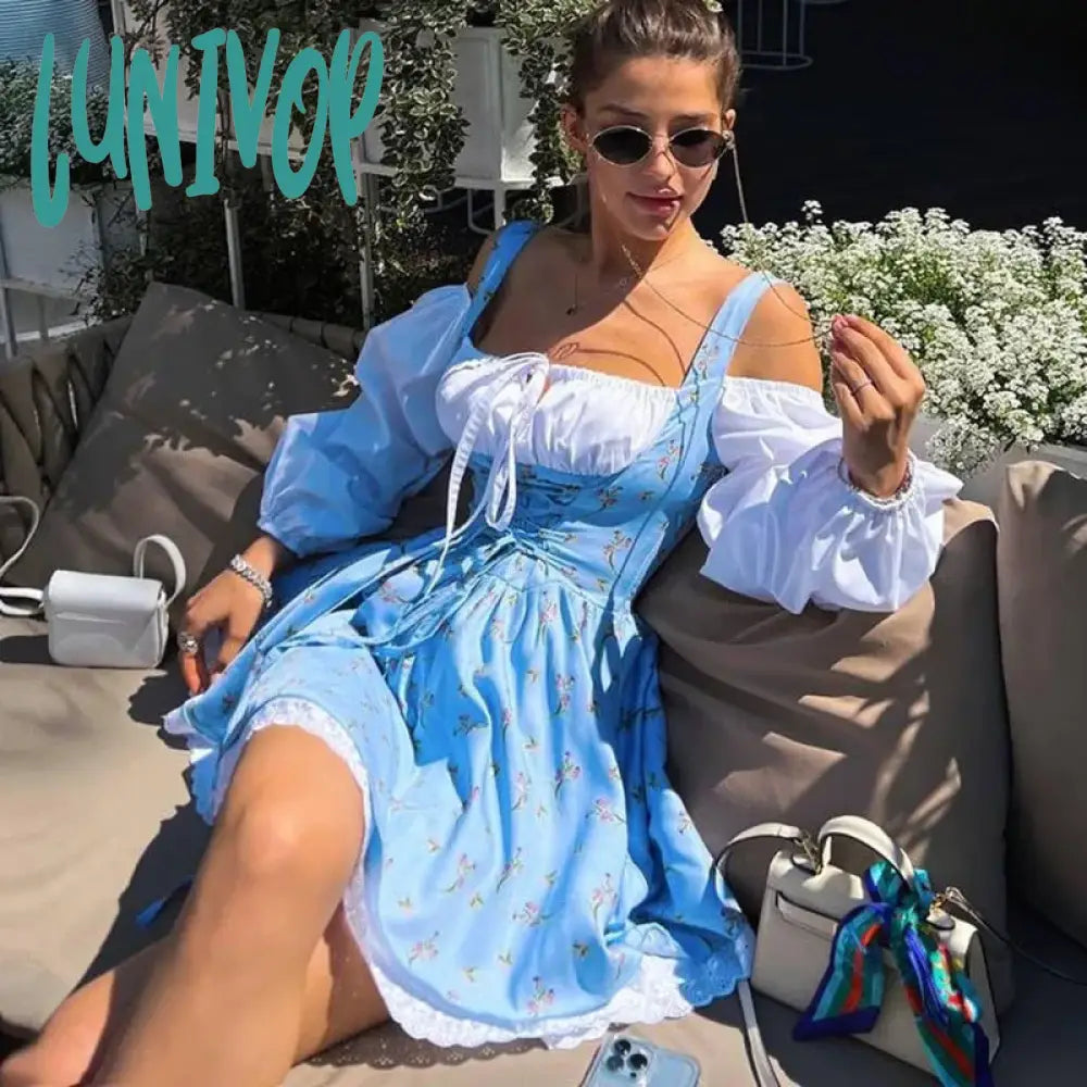 Lunivop Puff Sleeve Suspender Dress Women Fake Two Pieces Flower Strapless Ruffles Splice Long Sleeve Lace Up Party Dress Summer Tunics Distressed trendy Lunivop Puff Sleeve Suspender Dress Women Fake Two Pieces Flower Strapless Ruffles Splice Long Sleeve Lace Up Party Dress Summer Tunics Distressed trendy