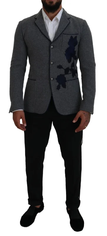 Elegant Gray Wool Blazer With Blue Rose Embroidery Women's Adventure Blazer