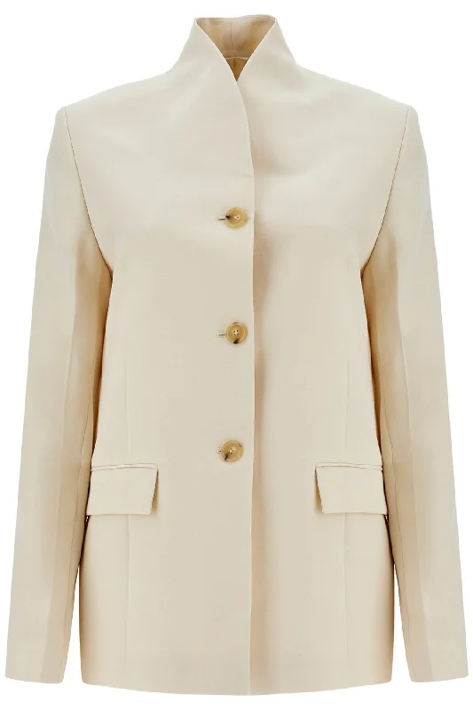 Beige Viscose Blazer With High Collar  - Beige Women's Long Blazer