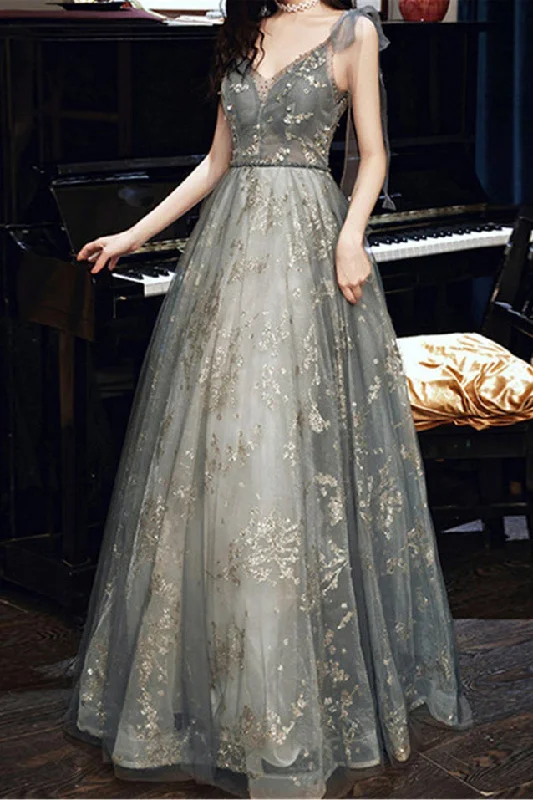 Beaded Tulle Fairy Prom Dress For Women V-Neck Long Party Dress Floor Length Evening Dress OKV92 Tunics Chic fashionable Beaded Tulle Fairy Prom Dress For Women V-Neck Long Party Dress Floor Length Evening Dress OKV92 Tunics Chic fashionable