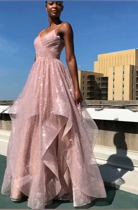 Spaghetti Straps Ruffled Sparkly A Line Pink Long Prom Dress Evening Party Dresses DM1062 Crew Neckline Casual Spaghetti Straps Ruffled Sparkly A Line Pink Long Prom Dress Evening Party Dresses DM1062 Crew Neckline Casual
