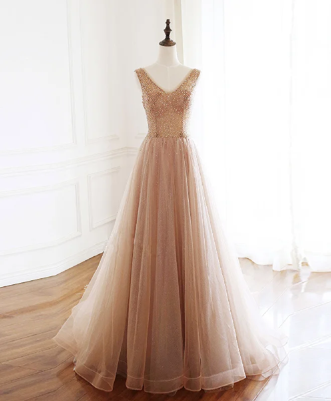 Champagne V Neck Tulle Beads Long Prom Dress Evening Dress Tunics Business professional