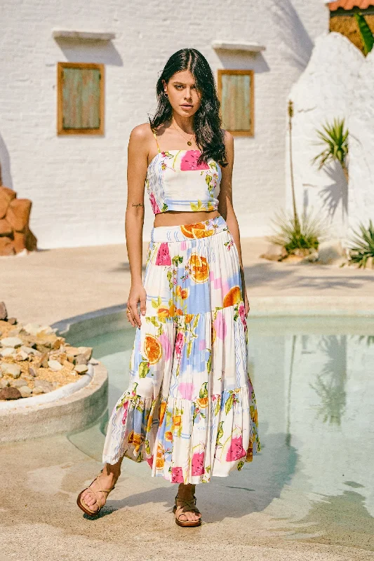 Tutti Blue Tropical Tiered Maxi Skirt chiffon skirt delicate