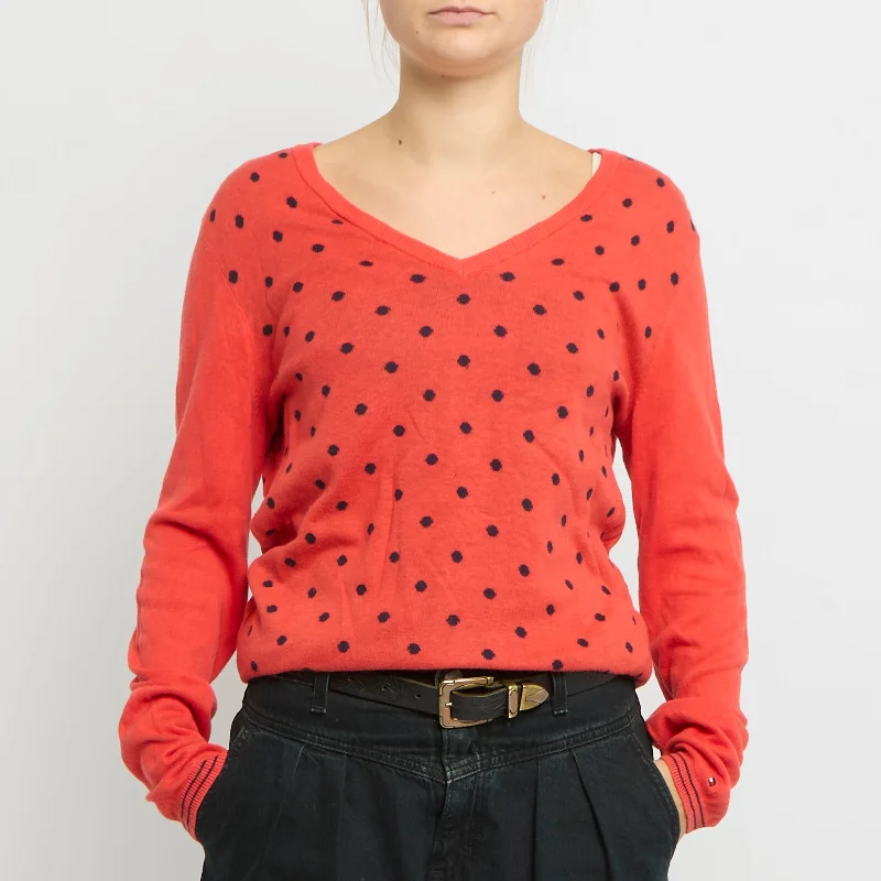 Tommy Hilfiger V-Neck Polka Dot Knitted Sweatshirt-UK 10 Hoodie with Rhinestones Sparkly Elegant Tommy Hilfiger V-Neck Polka Dot Knitted Sweatshirt-UK 10 Hoodie with Rhinestones Sparkly Elegant