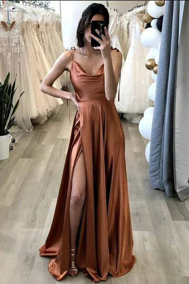 A Line Brown Long Prom Dress With Slit Simple Evening Party Dress OK1301 Tunics Chic fashionable A Line Brown Long Prom Dress With Slit Simple Evening Party Dress OK1301 Tunics Chic fashionable