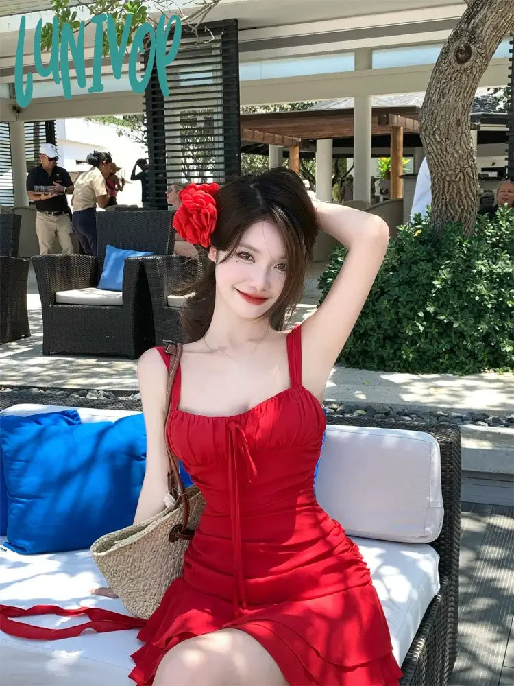 Lunivop Casual Beach Style Red Y2k Mini Dress Women Outwear Even Party Dress Korean Fashion Chic Sexy Bodycon Sleeveless Summer Tunics Silk luxurious Lunivop Casual Beach Style Red Y2k Mini Dress Women Outwear Even Party Dress Korean Fashion Chic Sexy Bodycon Sleeveless Summer Tunics Silk luxurious