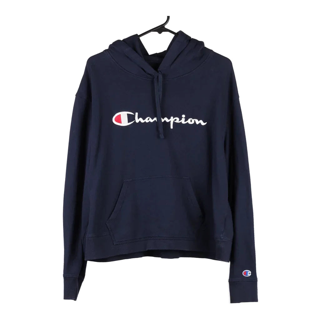 Champion Spellout Hoodie - 2XL Blue Cotton Blend Hoodie with Side Slits Relaxed Casual Champion Spellout Hoodie - 2XL Blue Cotton Blend Hoodie with Side Slits Relaxed Casual