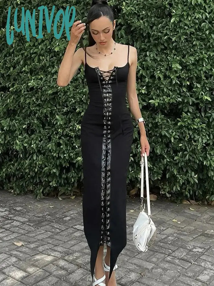 Lunivop Elegant Sexy Stitching Lace Up Eyelet Suspender Maxi Dress Women's Slim Black Club Party Dress Sleeveless Female Outfit Tunics Formal black