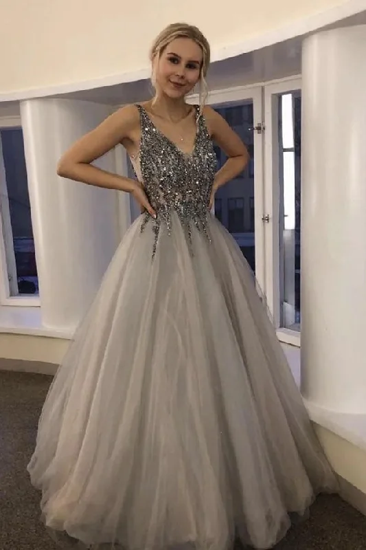 A Line V Neck Tulle Grey Sequins Long Prom Dresses Evening Party Dresses OK1801 Crew Neckline Sporty A Line V Neck Tulle Grey Sequins Long Prom Dresses Evening Party Dresses OK1801 Crew Neckline Sporty