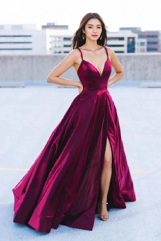 Simple Satin Fuchsia Long Prom Dress Party Dress With Slit PSK624 Tunics Chic elegant Simple Satin Fuchsia Long Prom Dress Party Dress With Slit PSK624 Tunics Chic elegant
