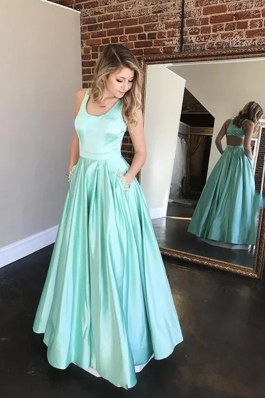 Mint Green Satin A Line Long Prom Dress Evening Party Dresses With Beaded Pockets DMP052 Boat Neckline Classic Mint Green Satin A Line Long Prom Dress Evening Party Dresses With Beaded Pockets DMP052 Boat Neckline Classic