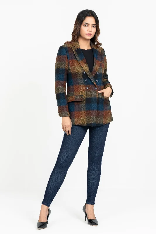 Regular Fit Multicolor Checkered Flannel Blazer Women's Trendy Suit
