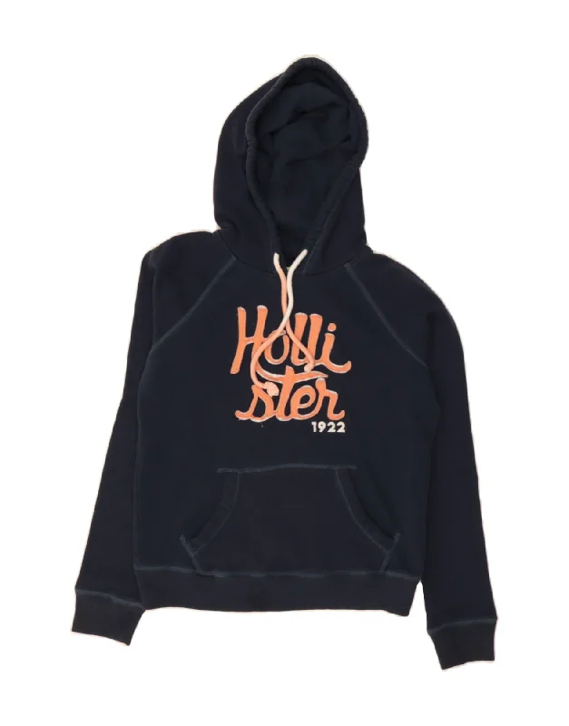 HOLLISTER Womens Oversized Graphic Hoodie Jumper UK 10 Small Navy Blue Hoodie with Side Slits Relaxed Casual HOLLISTER Womens Oversized Graphic Hoodie Jumper UK 10 Small Navy Blue Hoodie with Side Slits Relaxed Casual