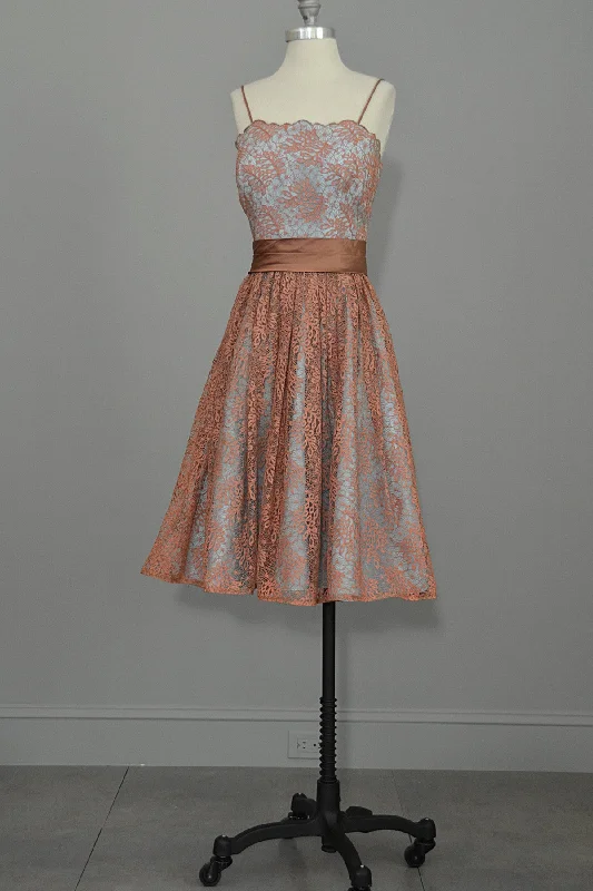 1950's 60's Vintage Lace Prom Party Dress Terra Cotta Lace over Aqua Taffeta Tunics Occasion special 1950's 60's Vintage Lace Prom Party Dress Terra Cotta Lace over Aqua Taffeta Tunics Occasion special