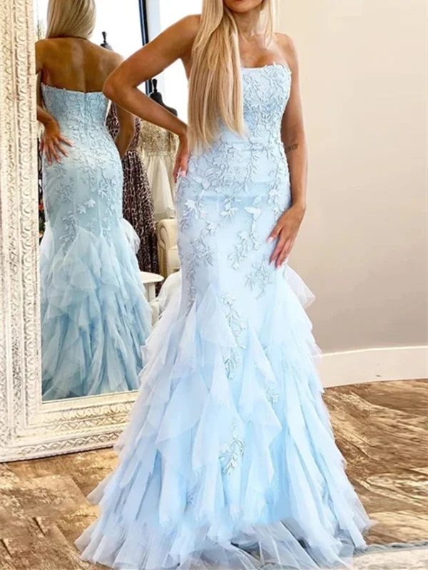 Strapless Mermaid Blue Lace Long Prom Dresses, Blue Mermaid Lace Formal Evening Party Dresses Tunics Business professional Strapless Mermaid Blue Lace Long Prom Dresses, Blue Mermaid Lace Formal Evening Party Dresses Tunics Business professional