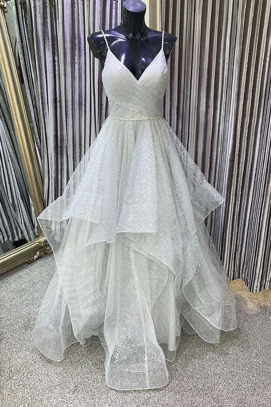 Gray V Neck A Line Tulle Sequins Ruffles Long Prom Dresses Formal Party Dress DMP081 Boatneck Modish Everyday Gray V Neck A Line Tulle Sequins Ruffles Long Prom Dresses Formal Party Dress DMP081 Boatneck Modish Everyday