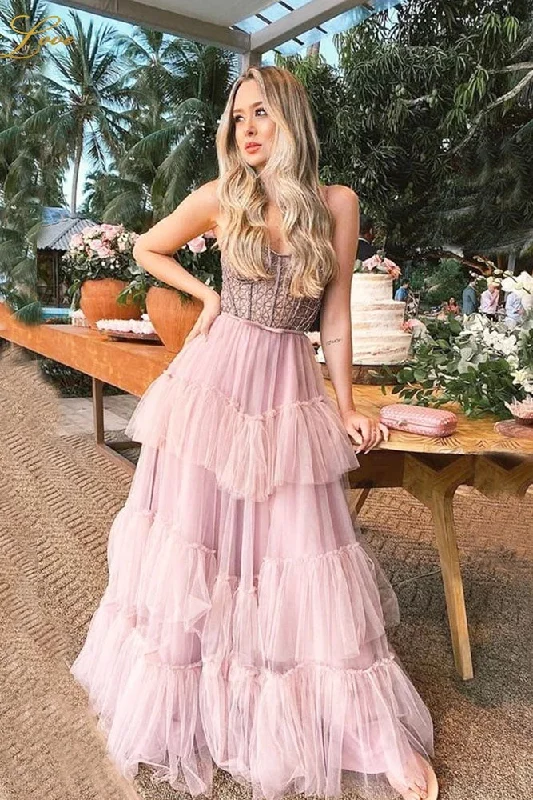Pink Layers Prom Dress Long A-line Beaded Party Dress Tiered Strapless Tulle Evening Dress OKW44 Tunics Winter warm Pink Layers Prom Dress Long A-line Beaded Party Dress Tiered Strapless Tulle Evening Dress OKW44 Tunics Winter warm