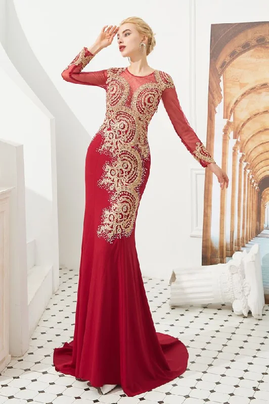 Slim Long Sleeves Gold Appliques Mermaid Evening Gowns Floor Length Event Party Dress Tunics Short Trendy Slim Long Sleeves Gold Appliques Mermaid Evening Gowns Floor Length Event Party Dress Tunics Short Trendy