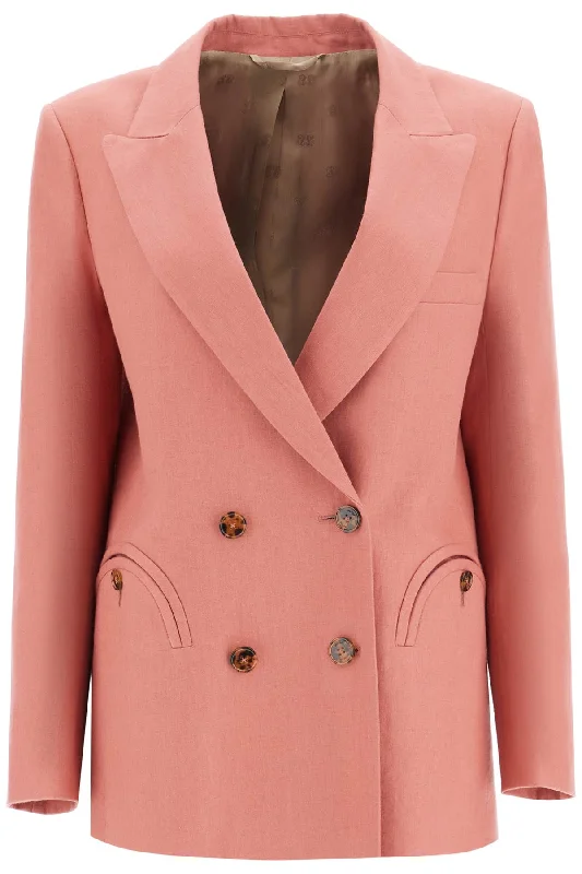 Coral Linen Single-breasted Blazer With Turtle Style Buttons  - Red Winter Women's Blazer