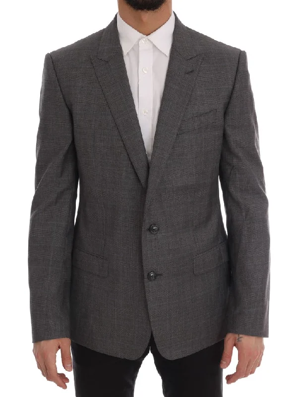 Sleek Gray Checkered Wool Blazer Women's Boutique Suit