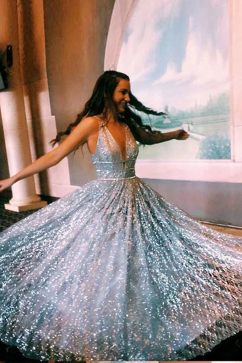 A-line V neck Silver Long Prom Dress Shiny Evening Party Dress OKS25 Tunics Fall fleece A-line V neck Silver Long Prom Dress Shiny Evening Party Dress OKS25 Tunics Fall fleece