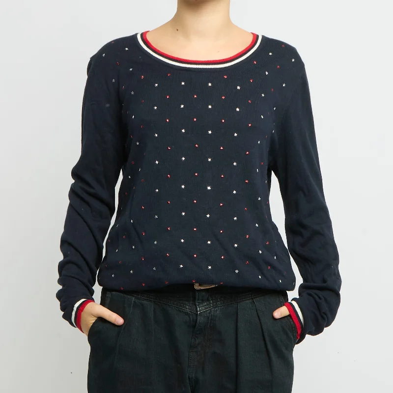 Tommy Hilfiger Star Stud Striped Hem Sweatshirt-UK 14 Hoodie with Typography Text Message Tommy Hilfiger Star Stud Striped Hem Sweatshirt-UK 14 Hoodie with Typography Text Message