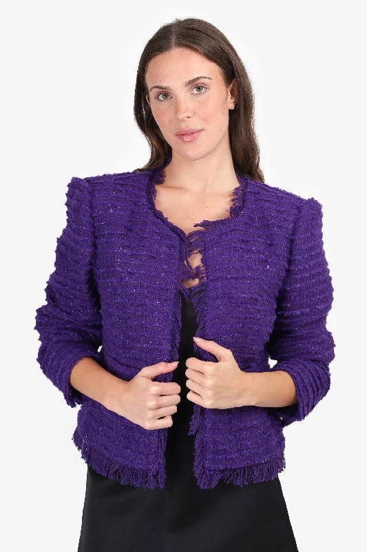L'Agence Purple Tweed Fringe Hem Blazer Size L Women's Vintage Jacket