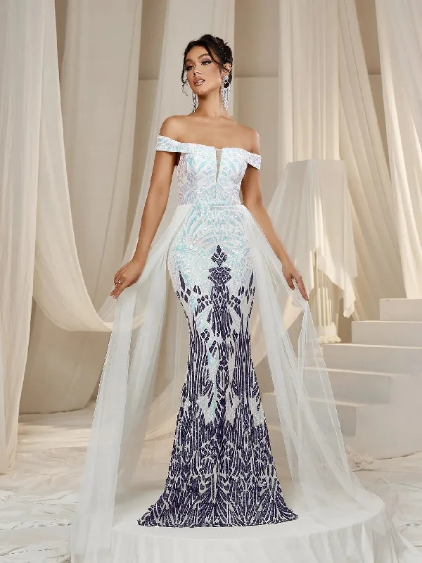 Elegant Off Shoulder Mesh Overlay Mermaid Hem Graphic Sequin Formal Party Dress Tunics Handmade artisanal Elegant Off Shoulder Mesh Overlay Mermaid Hem Graphic Sequin Formal Party Dress Tunics Handmade artisanal