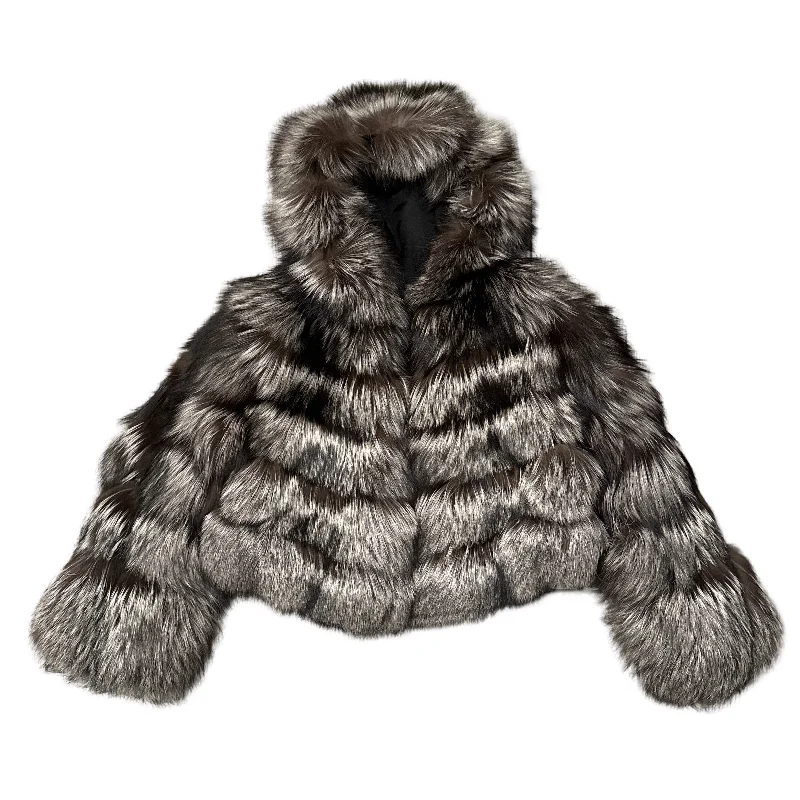 Kashani Women's Silver Fox Fur Hooded Copped Jacket Anorak Shell Jacket Lightweight Jacket Kashani Women's Silver Fox Fur Hooded Copped Jacket Anorak Shell Jacket Lightweight Jacket