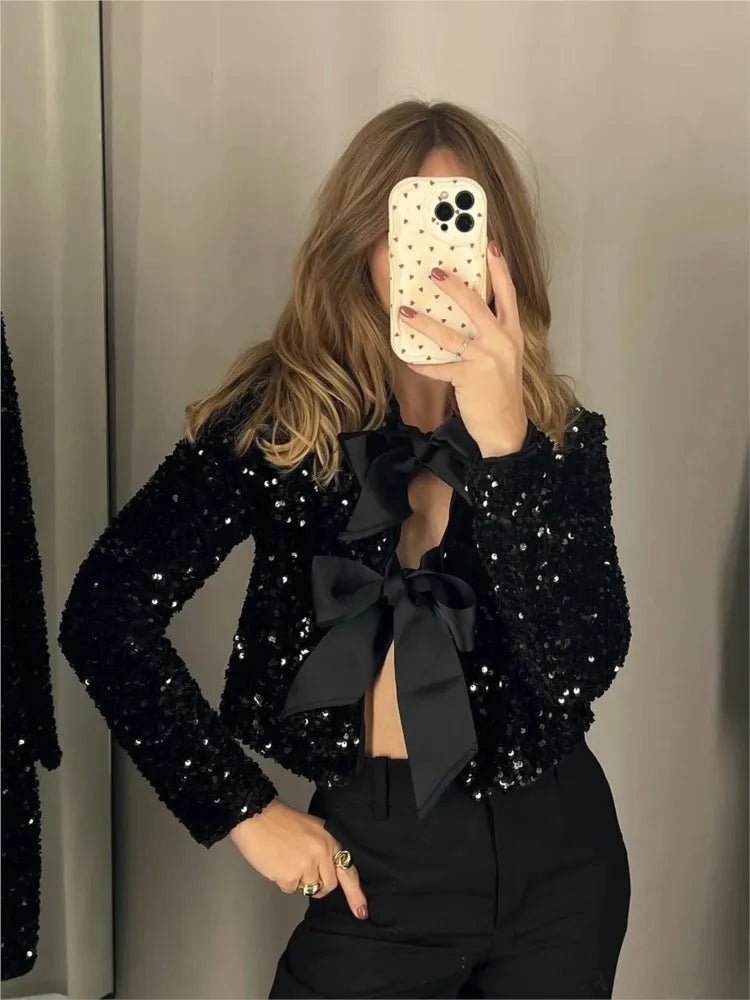 Fashion Sequin Bow Lace Up Women Jacket Chic Shiny O-neck Long Sleeve Y2k Cropped Coat Female Solid Party Outerwear Satin Fabric Silk Fabric Chiffon Fabric Fashion Sequin Bow Lace Up Women Jacket Chic Shiny O-neck Long Sleeve Y2k Cropped Coat Female Solid Party Outerwear Satin Fabric Silk Fabric Chiffon Fabric