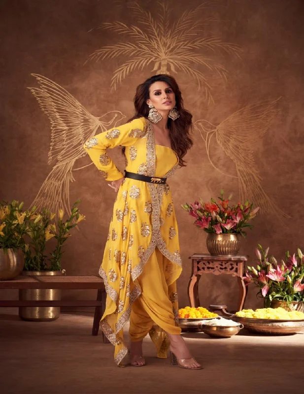 Yellow Sequinced Jacket Set Satin Fabric Silk Fabric Chiffon Fabric